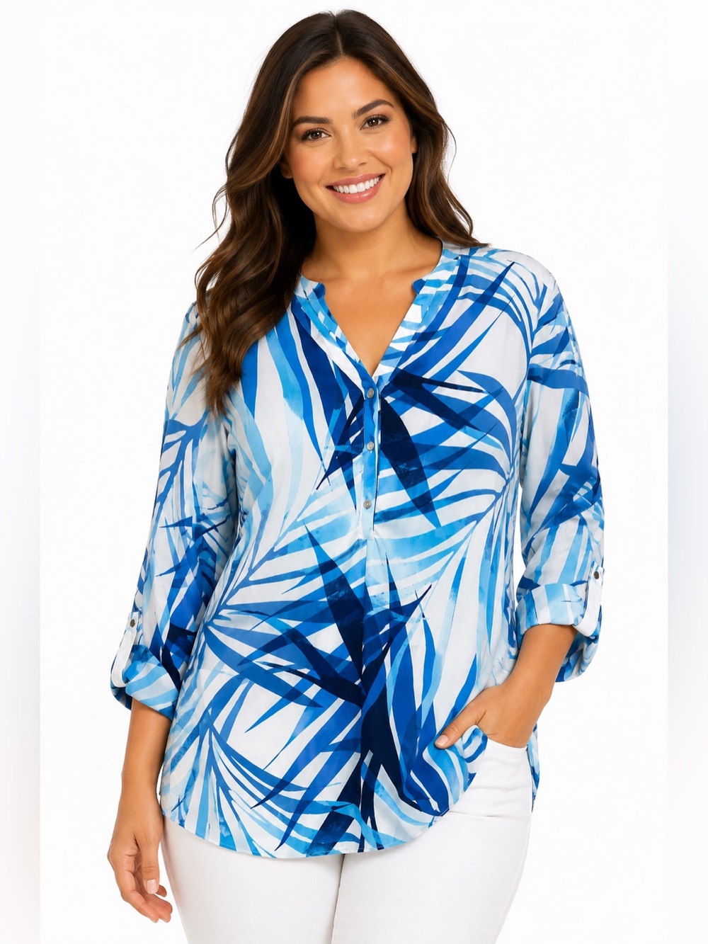 JM Collection Blue Tropical Leaf Blouse 2X Roll Tab Sleeve NWT